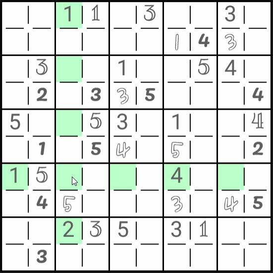 An animation of the mouse hovering over a puzzle. as it moves, all squares in the same row or column have the same quadrant highlighted as the one that the mouse is currently over.