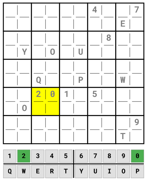 A corner place puzzle with a mix of symbols, and four separate sets of buttons below, each comprising one quarter of the top 20 alphanumeric keys of the keyboard