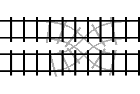 A train traveling different trajectories through a double crossover turnout as the track switches